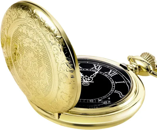 Men's Quartz Pocket Watch Black Dial 14.5 Inch Chain Gold Engraved Flower Patterns