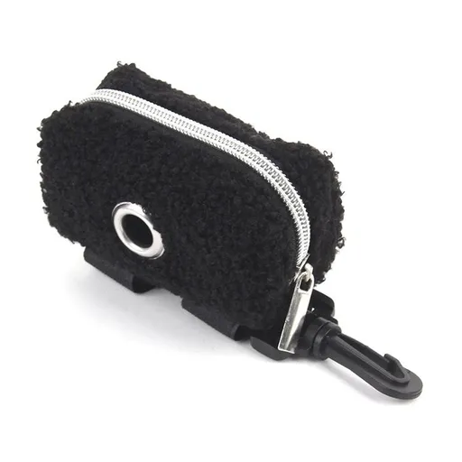 Plush Fleece Poop Bag Dispenser Carrier for Dog Walking – Portable Pouch with Carabiner & Velcro Strap, Holds Waste Bags and Small Essentials, Soft Faux Fur Design in Multiple Pastel Colors (Deep Space Black)