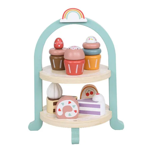Wooden Cake Toys Tea Party Set, Desserts Food Toy with Cupcake Stand, Kids Pretend Play Kitchen Accessories, Wooden Play Food