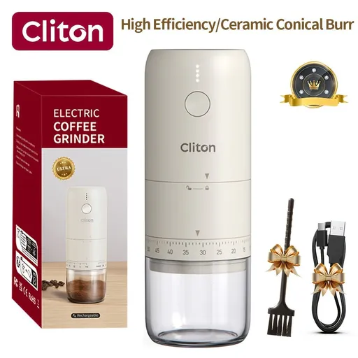 electric coffee grinder, Cliton coffee grinder, ceramic conical burr, portable coffee grinder, rechargeable coffee grinder, espresso coffee grinder, pour-over coffee grinder, Australia coffee grinder - White - Size set