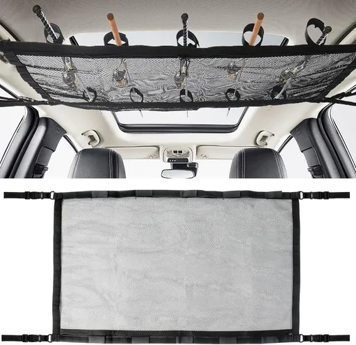 Car Ceiling Fishing Rod Holder, Double Layer Mesh Storage Net, Fits 5 Rods, Black 32 x 22 In