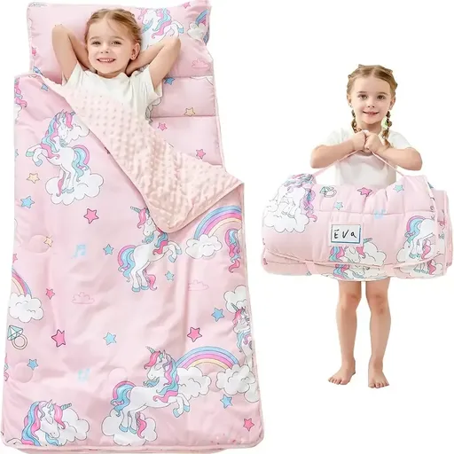 Roll-Up Nap Mat 3-in-1 | Washed Minky Dot with Polyester Fill, Detachable Pillow & Blanket, Essential for School Naptime & Camping/Pink unicorn
