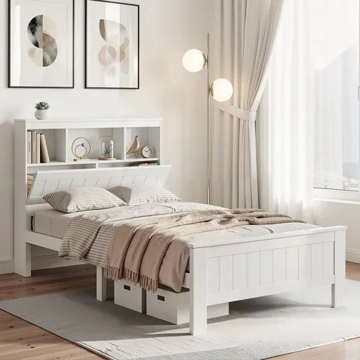 Artiss Bed Frame King Single Size Wooden with 3 Shelves Bed Head White