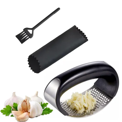 Upgrade Stainless Steel Garlic Presser, Garlic Press Rocker Garlic Mincer Garlic Crusher with Peeler and Cleaning Brush-3pcs