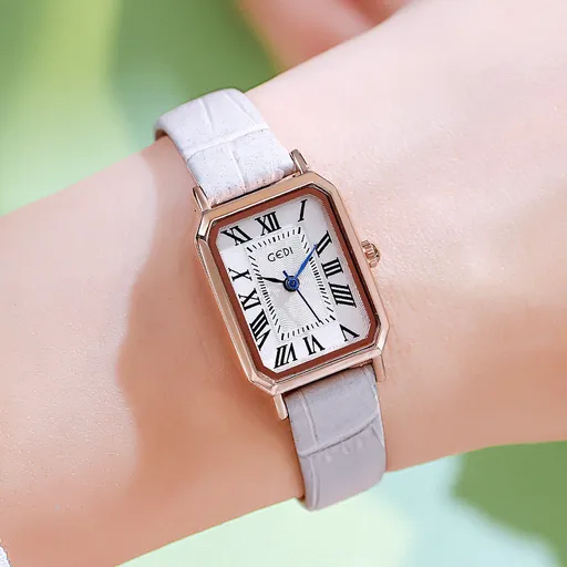 Rose gold case, white dial, grey belt Ladies Quartz Watch - Classic Rectangular, Leather Band
