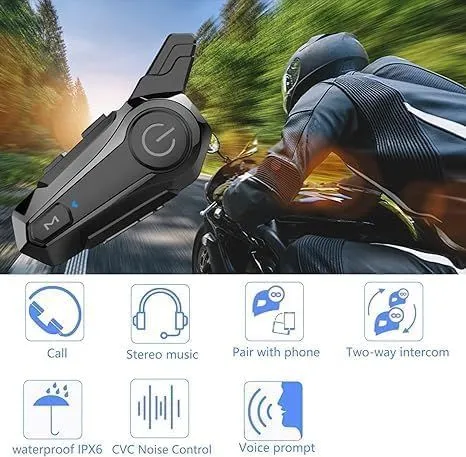 Motorcycle Bluetooth Headset Helmet Intercom with Noise Cancellation Stereo Music IPX6 Waterproof for Half Open Face Helmet