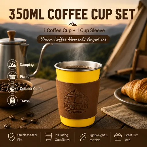Yellow 304 Stainless Steel Camping Coffee Cup with Leather Sleeve – 350ml Portable Outdoor Drinking Cup, Beer Cup, Travel Mug for Camping, Hiking, Picnic and Daily Coffee