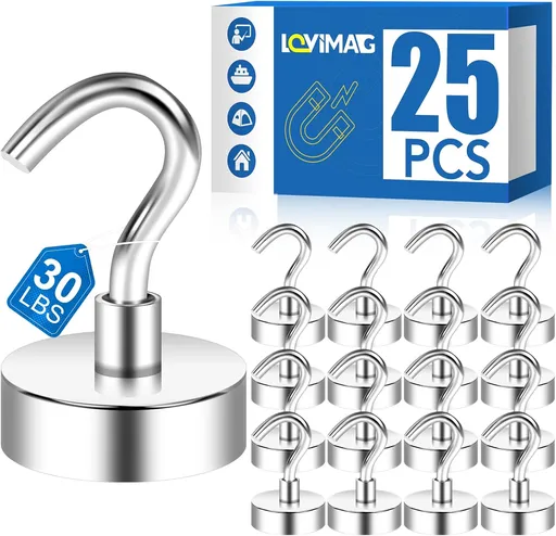 Strong Magnetic Hooks, 30lbs Hooks for Cruise Cabins, Magnet Ship Essentials, Rare Earth Magnets with Refrigerator,Hanging,Classroom,Kitchen,Ceiling-25 Pack Silver 0.63in x 1.38in