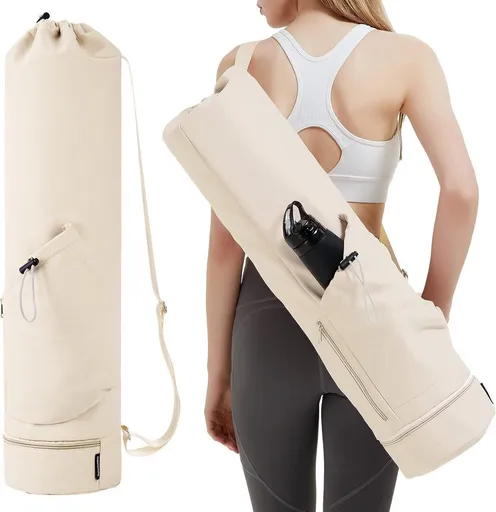 Beige Yoga Mat Bag with Water Bottle Pocket and Wet Bag, 78 x 19 cm
