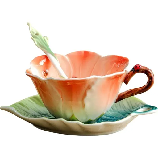 3D Ceramic Coffee Mug and Saucer Set with Spoon Flower Leaf Coffee Mug Tea Cup with Decorative Handle Vintage Floral Drinking Cups Unique Gifts for Birthday Wedding Christmas 6oz Pink