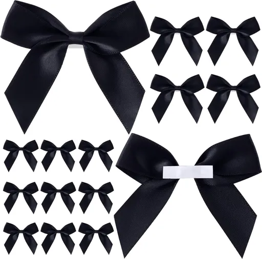 15pcs Self-Adhesive Mini Black Bows, 2.83×2.56in Premade Satin Ribbon Bows, Double-Sided Tape Stick on Bowknot Christmas Halloween DIY Wrapping Decorations for Birthday Parties Weddings