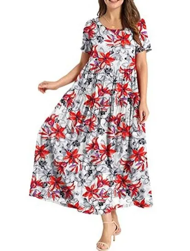 Women Floral Long Dress Short Sleeve Polyester Picture color 13 M Size: M; Height (cm): 160-165; Weight (kg): 50-55; Bust (cm): 86-90; Waist (cm): 70-74; Shoulder width (cm): 38; Length (cm): 60
