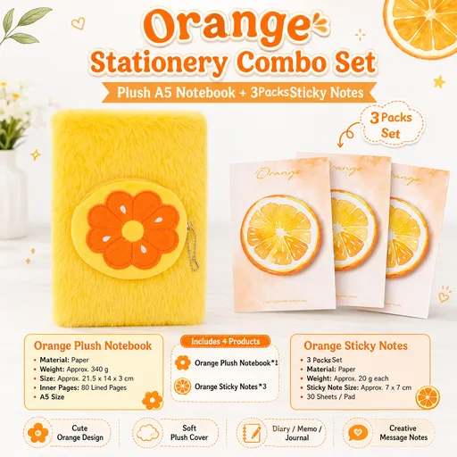 Fruit-Shaped Office Supplies Set-3 packs Orange Shaped Sticky Notes and A5 Plush Notebook with Orange Shaped Detachable Coin Purse - Cute Memo Pads for Journaling Office School Gift Ready