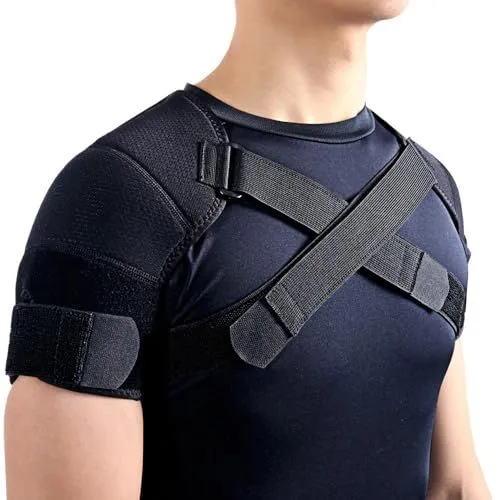Black Dual Shoulder Support Brace with Adjustable Cross Straps – Neoprene Padding, Breathable Compression Sleeve for Joint Protection and Posture Correction (M)