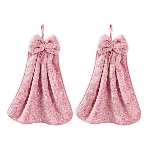 2Pcs Coral Fleece Towels Hand-Wiping Towels Bathroom Kitchen Use Hanging Towel Set 33cm x 33cm Peach
