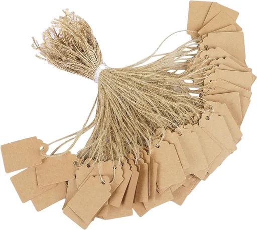 200 Pcs Price Tag with String Attached Writable Brown Kraft Paper Tags with Jute Twine Hang Tag Price Display Labels for Clothing Jewelry Blank Merchandise Marking Tags, 1 3/8" x 7/8"