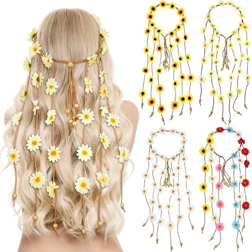 Flower Headband Hippie Sunflower Hairband Floral Crown Bohemian Hair Band Women Girls Boho Hair Hoop Headpiece Party Decoration Hair Accessories
