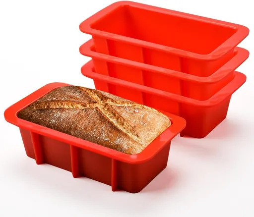 Silicone Mini Bread Loaf Pans for Baking, Small Pan Set of 4, 2.7x5.4 Inch Nonstick Molds Toast, Brownie, Loaf, Cake, Soaps Red -