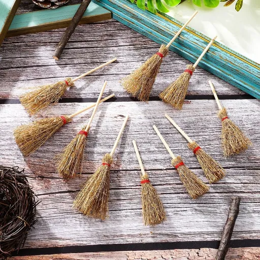 10-Pack Mini Brooms for Adults, Brown & Yellow, Party Supplies, Large 3.74in & Small 1.97in, Material