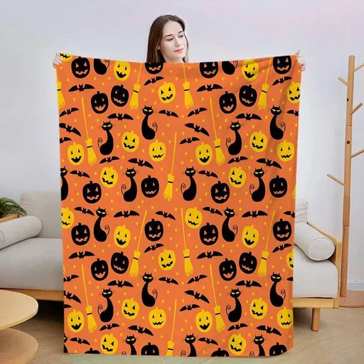 Halloween Throw Blanket Cozy Microfiber Blanket Soft Flannel Throw Festive Home Pumpkin Cat and bat - Orange - Size 150cm*200cm