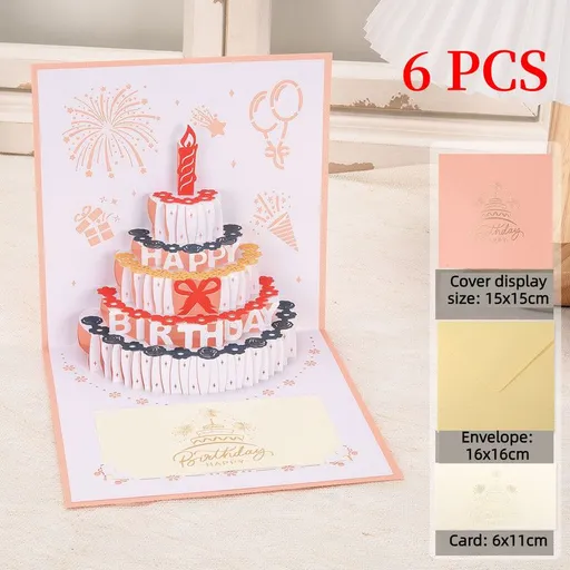 6-Pack - Classic Color Clashes Cake 3D Pop-Up Birthday Cards, Papercut Foldable Greeting Gift Cards - Pink