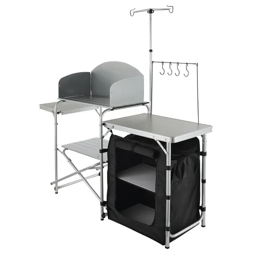 Camping Kitchen Table, Folding Outdoor Cooking Table with Storage Carrying Bag, Aluminum Cook Station 1 Cupboard & Detachable Windscreen, Quick Set-up for Picnics, BBQ, RV Traveling, Black