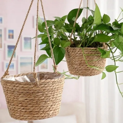 Garden Hanging Planter Plant Storage Basket Rope Woven Indoor Outdoor Flower Pot Holder Coffee Color L