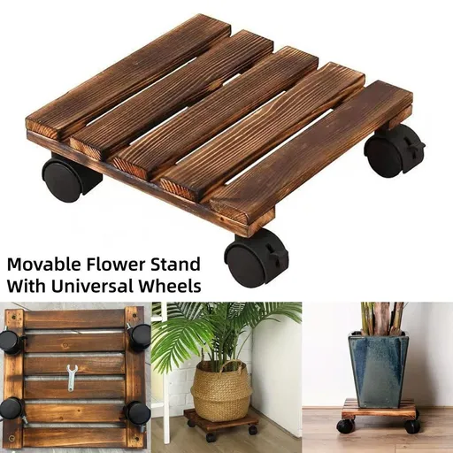 1-Piece Brown Rolling Plant Pot Stand with Four Castors, 25 x 25 cm