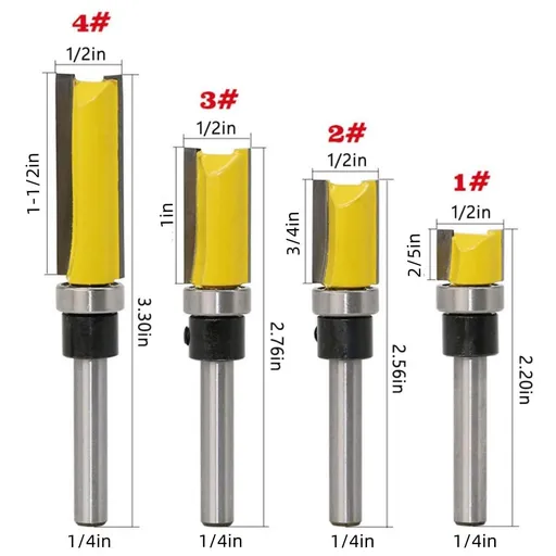 Top Bearing Flush Trim Router Bit 4 Pcs Pattern Router Bit 1/4 Shank Template Router Bit Cutting Diameter 1/2, Veneer or Laminates