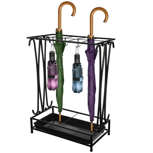 Metal Umbrella Rack Stand with Tray, 10 Slots 8 Hooks Umbrella Holder for Indoor Entryway Office Hotel Cafe, Black Finish