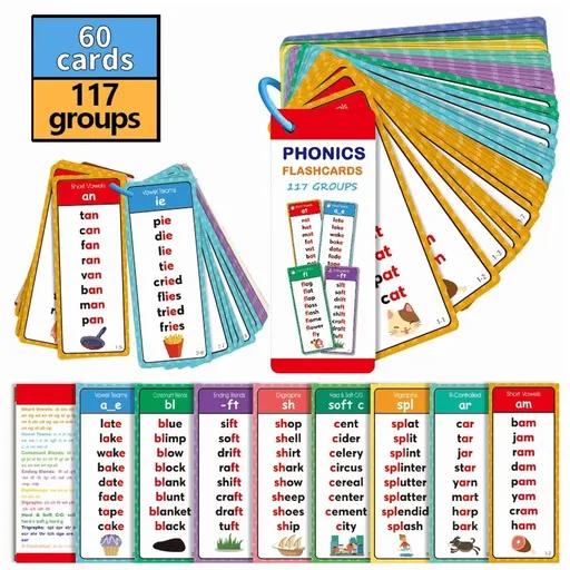 Phonics Flash Cards 117 Groups 900+ Rhyming Words, Double Sided Waterproof Cards with Rounded Edges, Preschool Alphabet Animal Learning Toy for Kids Reading