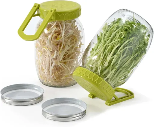 Complete Sprouting Kit - 2 Large Wide-Mouth Mason Jars 32 Oz, 2 Foldalbe Screen Lids with Draining Stand, 2 l Canning Lids, Bean Sprouts Grow Kit for Broccoli alfalfa