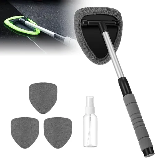 Microfiber Car Windshield Cleaner Tool, 2025 Upgrade Car Window Cleaner Windshield Cleaner Inside Glass Wiper Kit, Reusable Washable Microfiber Pads and Extendable Handle (Black)