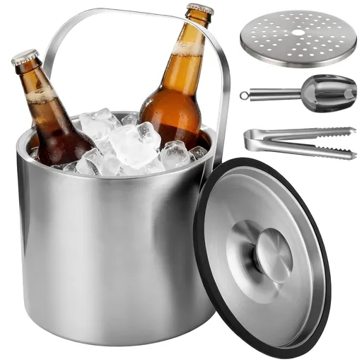 Ice Bucket with Lid, Double-Wall Insulated Wine Bucket with Silicone Seal, 304 Stainless Steel Beverage Chiller with Filter, Tongs, and Scoop for Parties