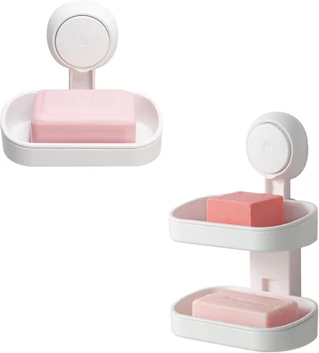 2 Pack Soap Dish Suction Cup Soap Holder, Double Layer Strong Sponge Holder for Shower, Bathroom, Tub and Kitchen Sink, Drill-Free, Removable