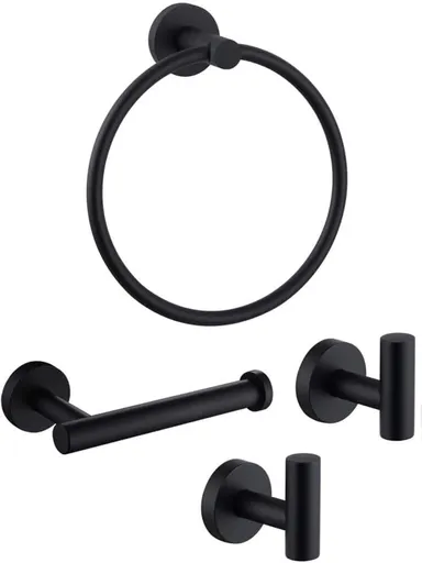4PCS Bathroom Hardware Set 304 Stainless Steel Bathroom Accessories Set Including 2 Wall Mounted Stainless Steel Robe Hooks Toilet Paper Holder and Towel Ring (Black)