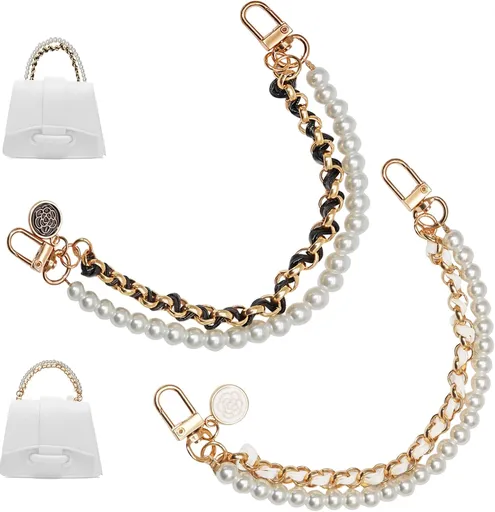 Biaungdo 2 Pcs Pearl Purse Extender Chain, Luxury Black and Gold Handbag Straps Replacement, Metal Purse Strap Extender Short Purse Handles Clutches Handles for DIY Crafts Bags