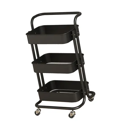 3 Tier Rolling Cart Minimalist Style Sturdy Carbon Steel Mobile Utility Cart for Kitchen Bathroom Living Room Bedroom Black