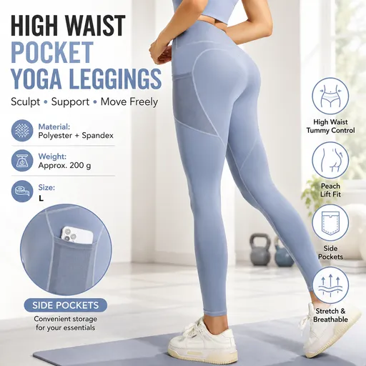 Blue L Size Women's High Waist Yoga Leggings with Mesh Side Pockets - Squat Proof, Peach Hip Lift, Breathable Stretch Fabric for Gym Running 、Pilates Wea and Daily Wear