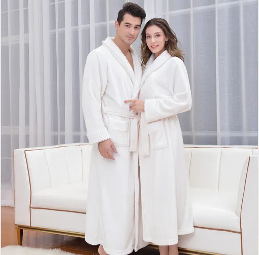White M size Plush Flannel Robe for Couples - Thickened Warm Bathrobe with Shawl Collar, Soft Fleece Material, Unisex Long Style for Winter Home Wear