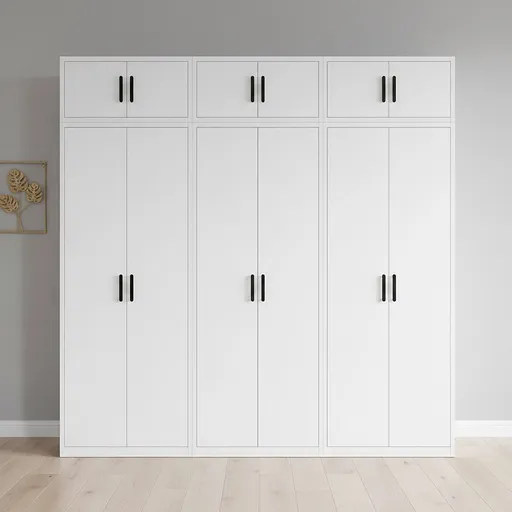 240x240cm 6-Door White Steel 1 Hanging and 2 Shelf Wardrobe with Black Handle Storage Cabinet