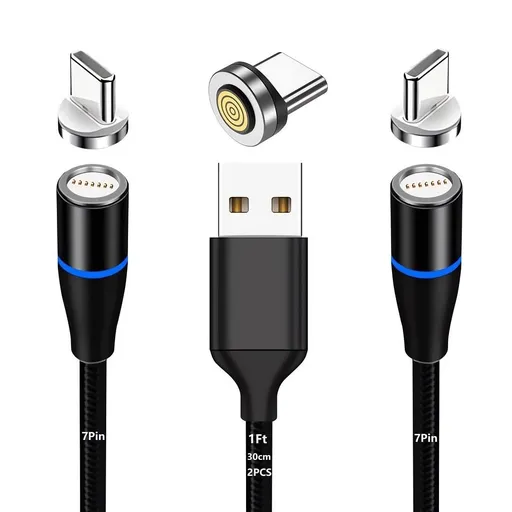 Magnetic Charging Cable 7Pin Sereis 2Pack 1Ft USB-C Short Cable Sets–Fast Charging Compatible for USB Type-C Devices(2PCS/1FT/360°7Pin/Black)