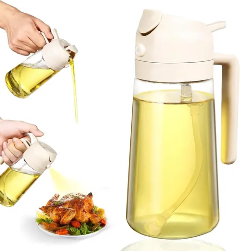 2-in-1 - Oil spray bottle - olive oil dispenser bottle - 470 ml - Olive oil sprayer - oil container - oil bottle - oil spray bottle - oil dispenser - oil atomizer - glass oil spray - kitchen utensil - spray and pour - for kitchen, BBQ, barbecue - whi