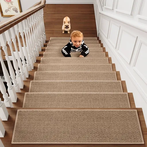 4-Piece Non-Slip Stair Treads, Self-Adhesive Striped Carpet Mats, Absorbent & Quiet Step Pads, Can Be Cut to Fit, Washable for Indoor Staircase Safety\u200b\u200b Brown