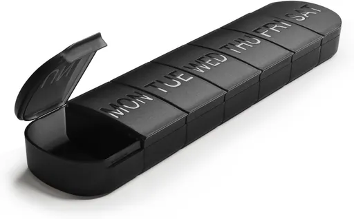 7-Day Pill Box - Portable Medicine Box - Weekly Pill Organizer - Once-a-Day Pill Box - Pill Containers - Travel-Friendly - For Medicines, Vitamins, Fish Oil Supplements - Black