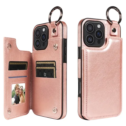 iPhone 16 Pro Max PU Leather Card Holder Case with Ring and Kickstand Rose Gold