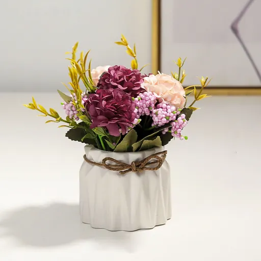 Artificial Fake Potted Flowers Bouquet Hydrangea with Vase for Dining Table Decoration White