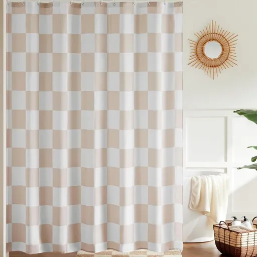 Checkered Shower Curtain 180x180 cm, Retro Chess Pattern Vintage Bathroom Decor, Beige