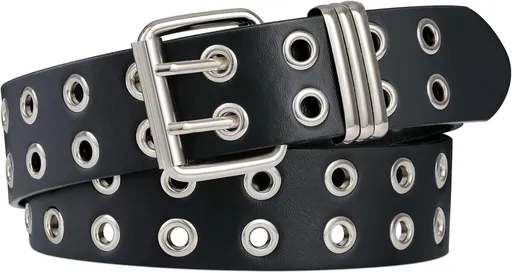 Grommet Leather Belt with Detachable Chain Women Men Punk Rock Waist Belts for Jeans Pants