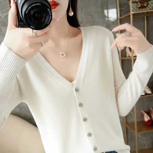 Women V Neck Knitted Cardigan Long Sleeve Sweater milky white Size: L; Height (cm): 165-170; Weight (kg): 55-60; Bust (cm): 90-94; Waist (cm): 74-78; Shoulder width (cm): 39; Length (cm): 62